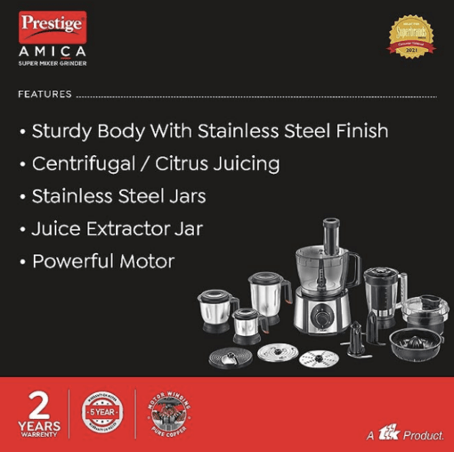 Prestige 1000 W Amica Super Mixer Grinder|5 Jars with Multiple Accessories(Slicer,Shredder,Finger Chip Disc,Chopper,Kneader)|2 years warranty on product & 5 years warranty on motor| (Black and Silver) - Image 3